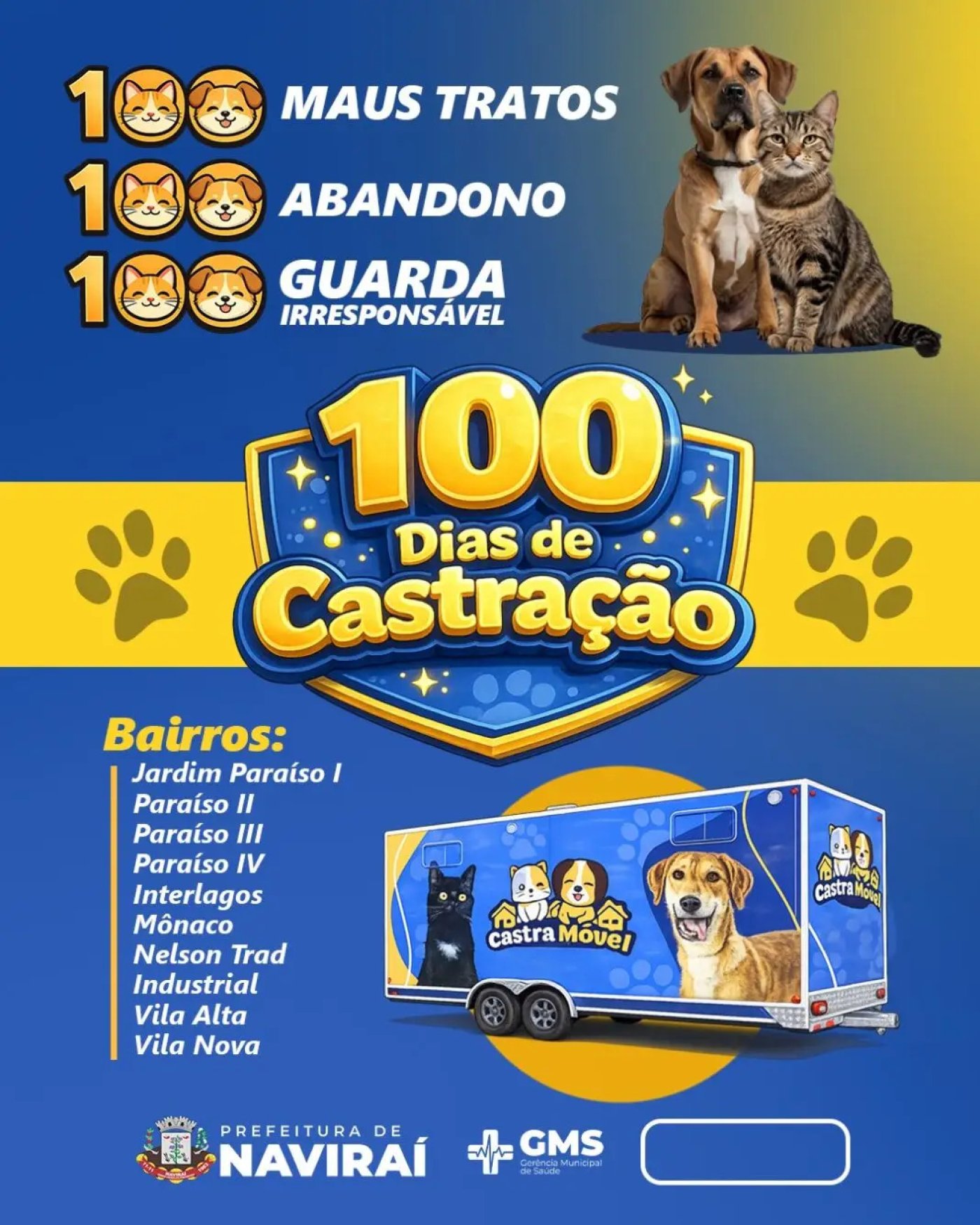 Naviraí lança campanha de castração e bem-estar animal com atendimento gratuito em bairros